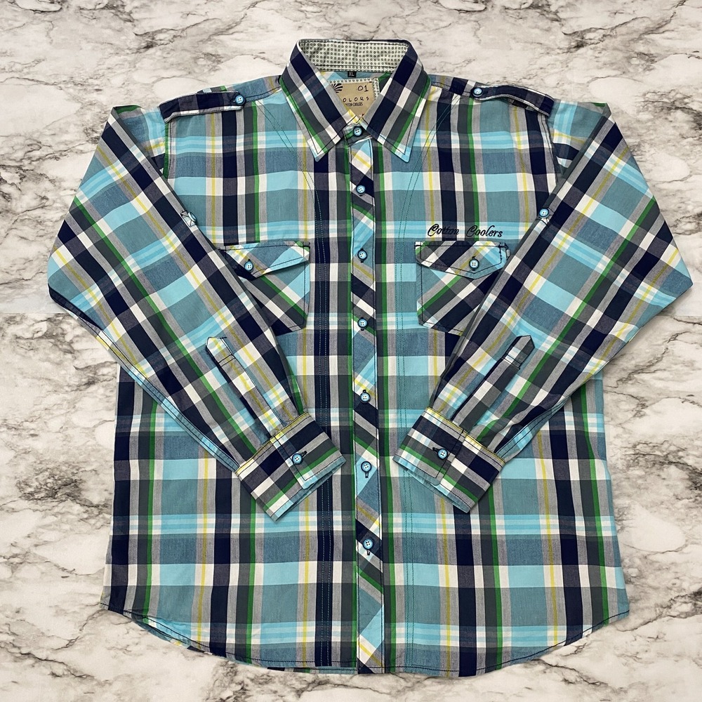 COLORS Cotton Coolers Mens Shirt Size XL Multicolor Plaid Long Sleeve Button Up‎